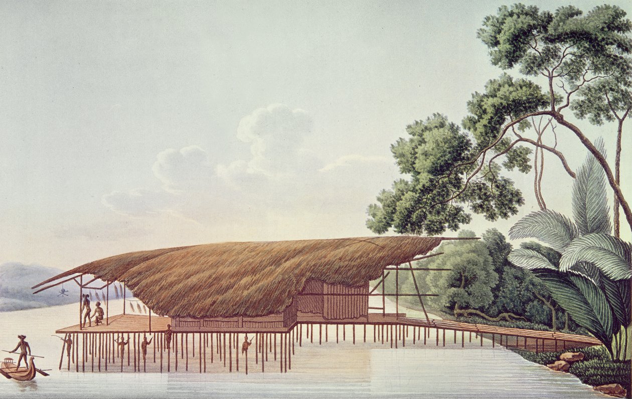 Uma Casa de Habitação sobre a Água, Doreri, Golfo Papua, de Volta ao Mundo Viagem no Corvette La Coquille (1822-25) por Louis Isidore Duperrey (1786-1865) (ver também 10268) de French School