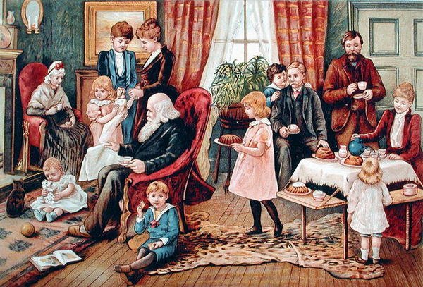 A Family Taking Tea, c.1900 (cor litho) de French School
