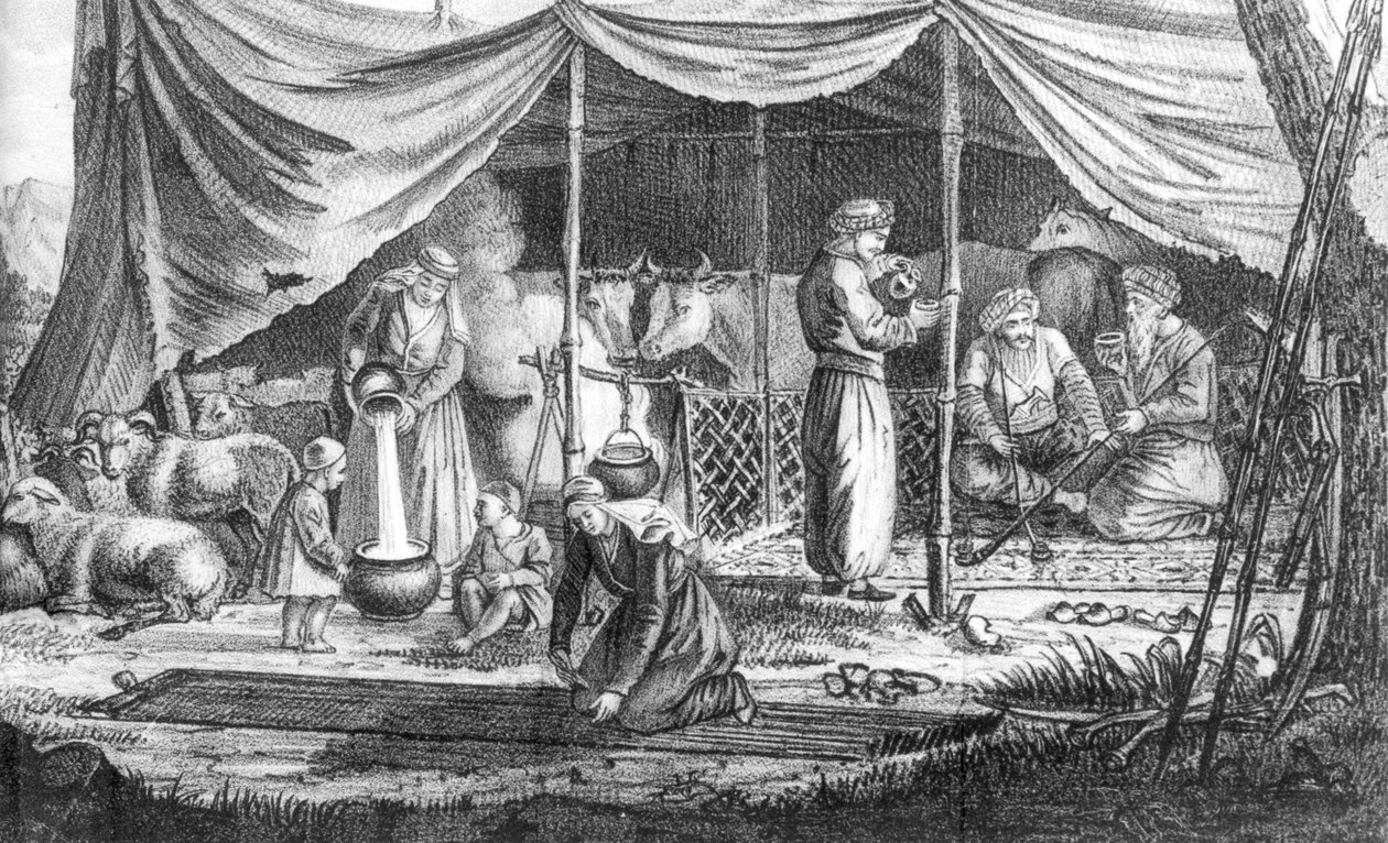 Uma Família de Nômades Curdos, de Voyage en Perse de Gaspard Drouville, publicada em 1825 de French School
