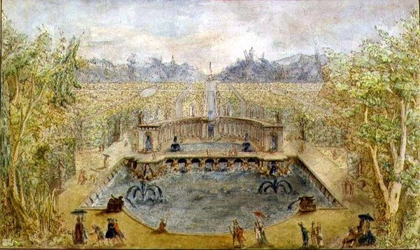 Um Jardim Formal com Fontes, c.1770 (caneta e tinta e aguarela sobre papel) de French School