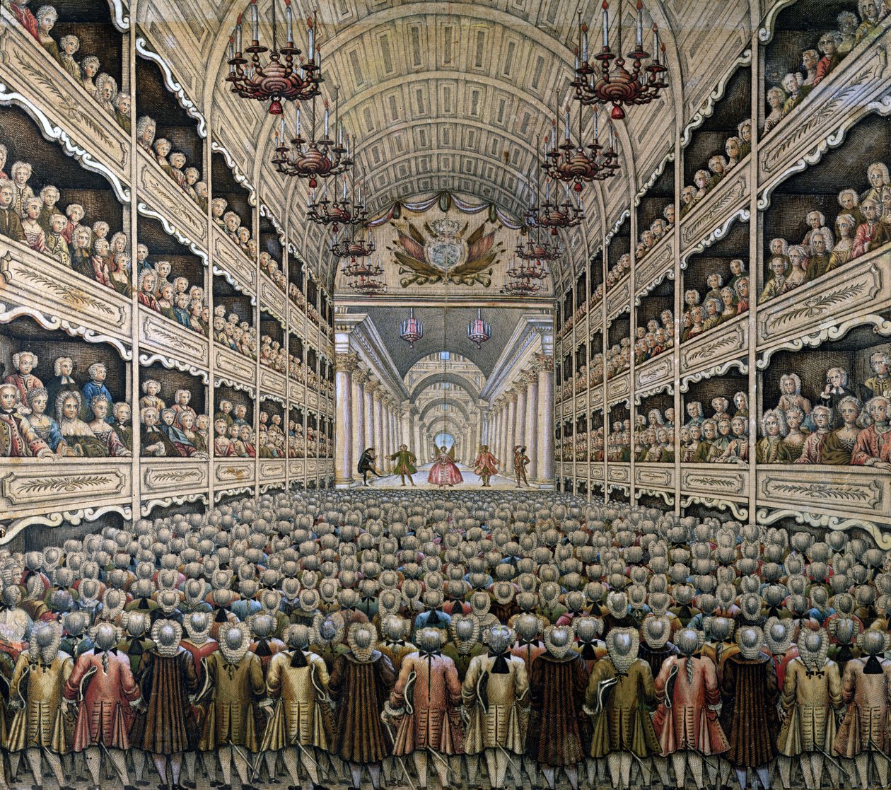 Um teatro francês (gravura a cores) de French School