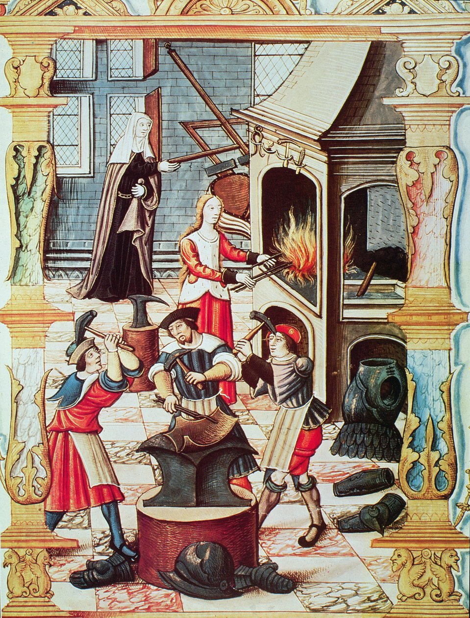 Uma forja francesa do século XVI, cópia de uma miniatura de "Chants royaux sur la Conception couronnee du Puy de Rouen" (cor litho) de French School