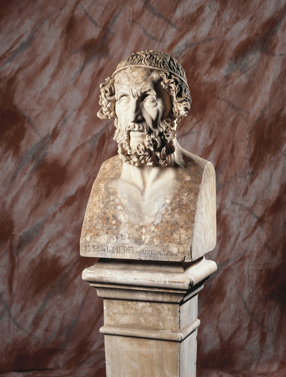Um busto de pedra calcária esculpido francês de Homero, após a antiguidade de French School