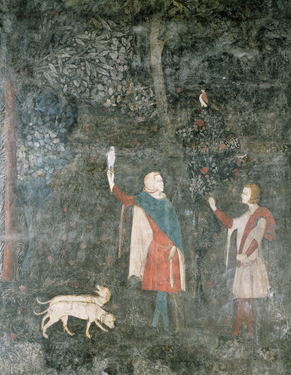 Um cavalheiro Hawking, da sala de despedida de solteiro, 1343 de French School