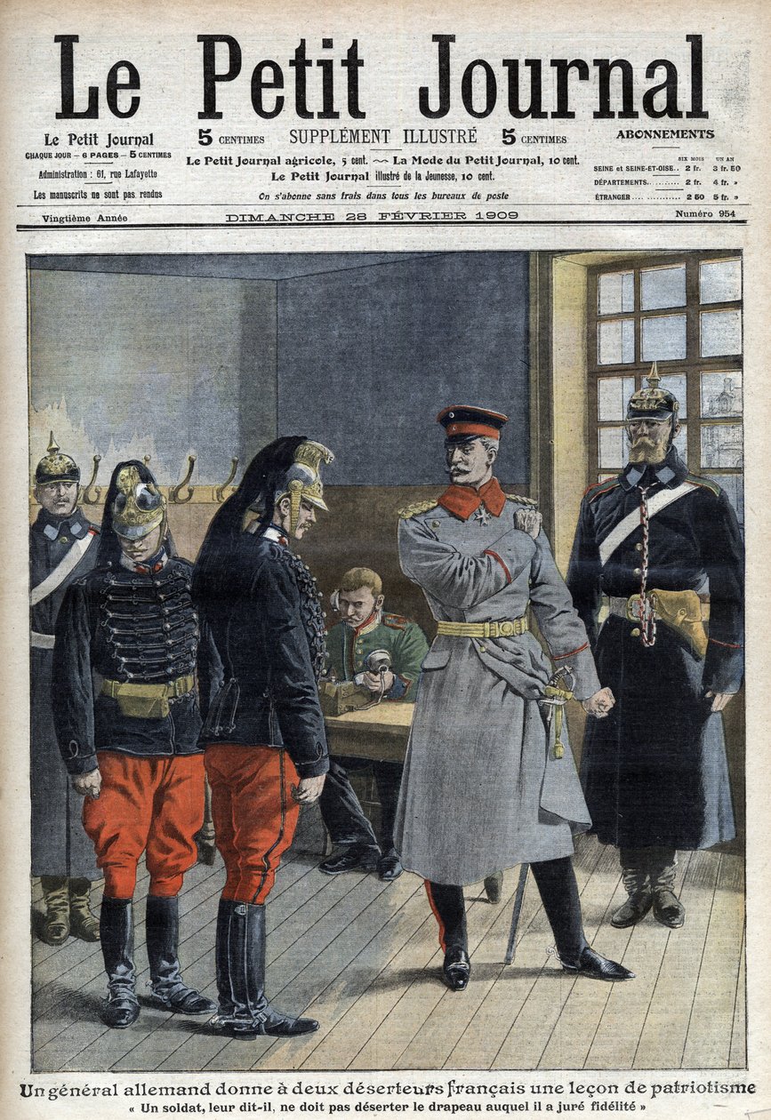 Um general alemão dá a dois desertores franceses (dragões de um regimento fronteiriço) um leão de patriotismo "Un soldat ne doit pas deserter le drapeau qu
