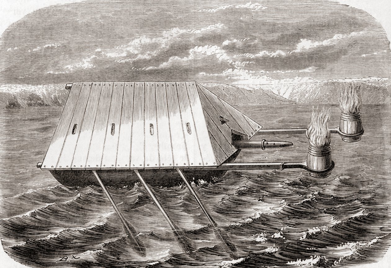 Um navio-fogo grego, depois de um desenho num manuscrito latino do século XIII, de Les Merveilles de la Science, publicado c.1870 (gravura) de French School