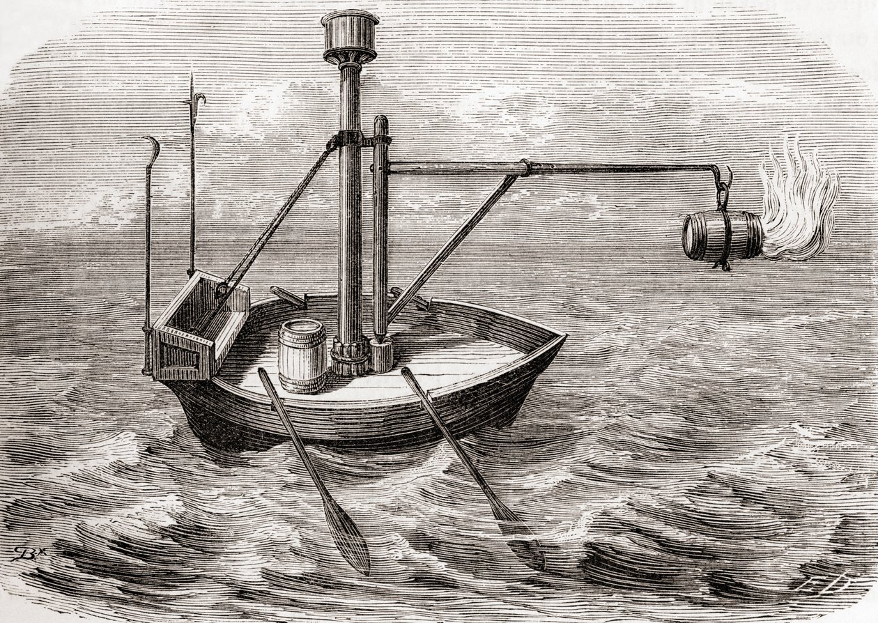 Um navio-fogo grego, depois de um desenho num manuscrito latino do século XIII, de Les Merveilles de la Science, publicado c.1870 (gravura) de French School