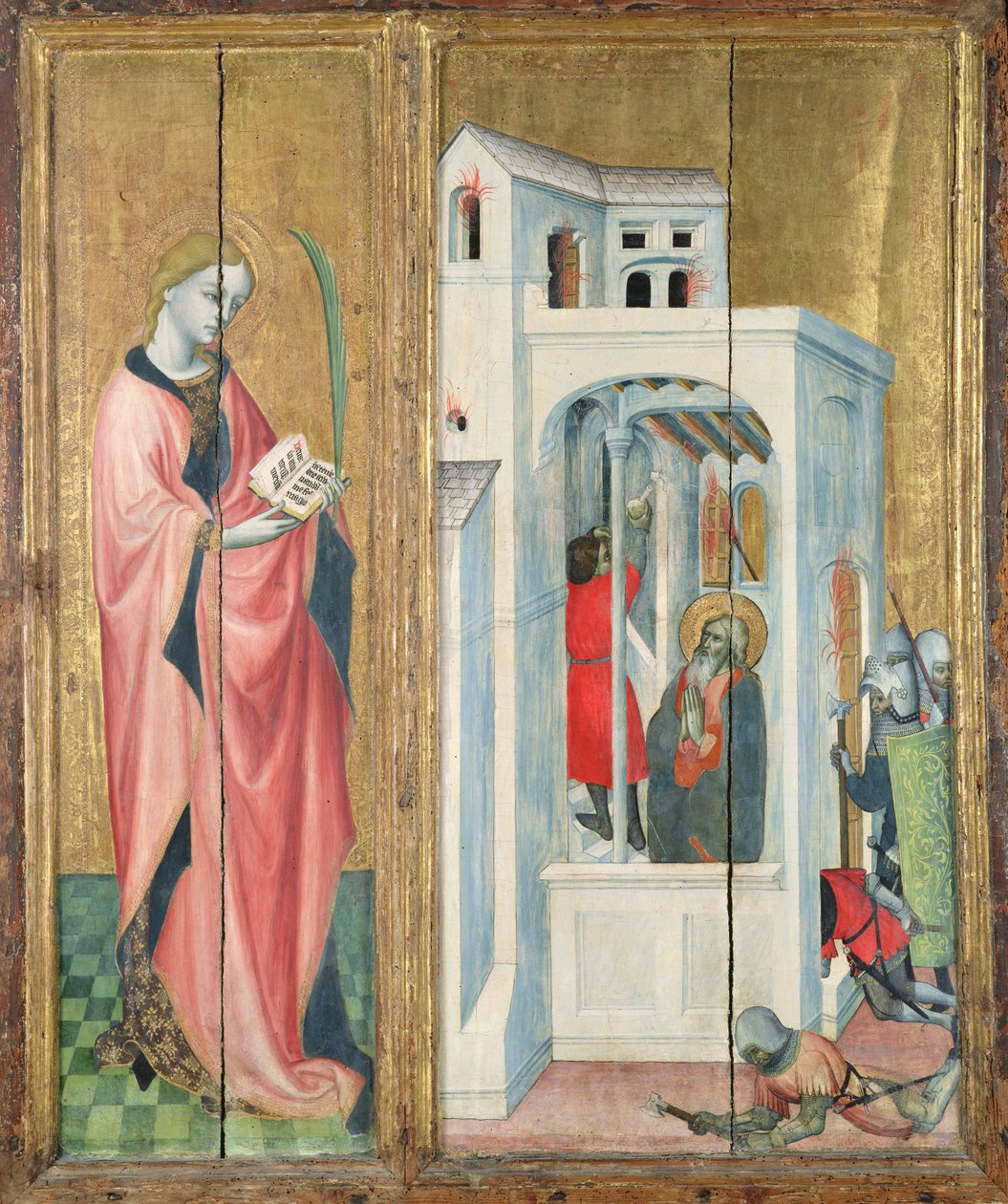 Um Mártir Sagrado e Discípulo de Santo André Apagando o Fogo, painel da mão esquerda do retábulo de Thouzon, Escola da Provença (têmpera no painel) de French School