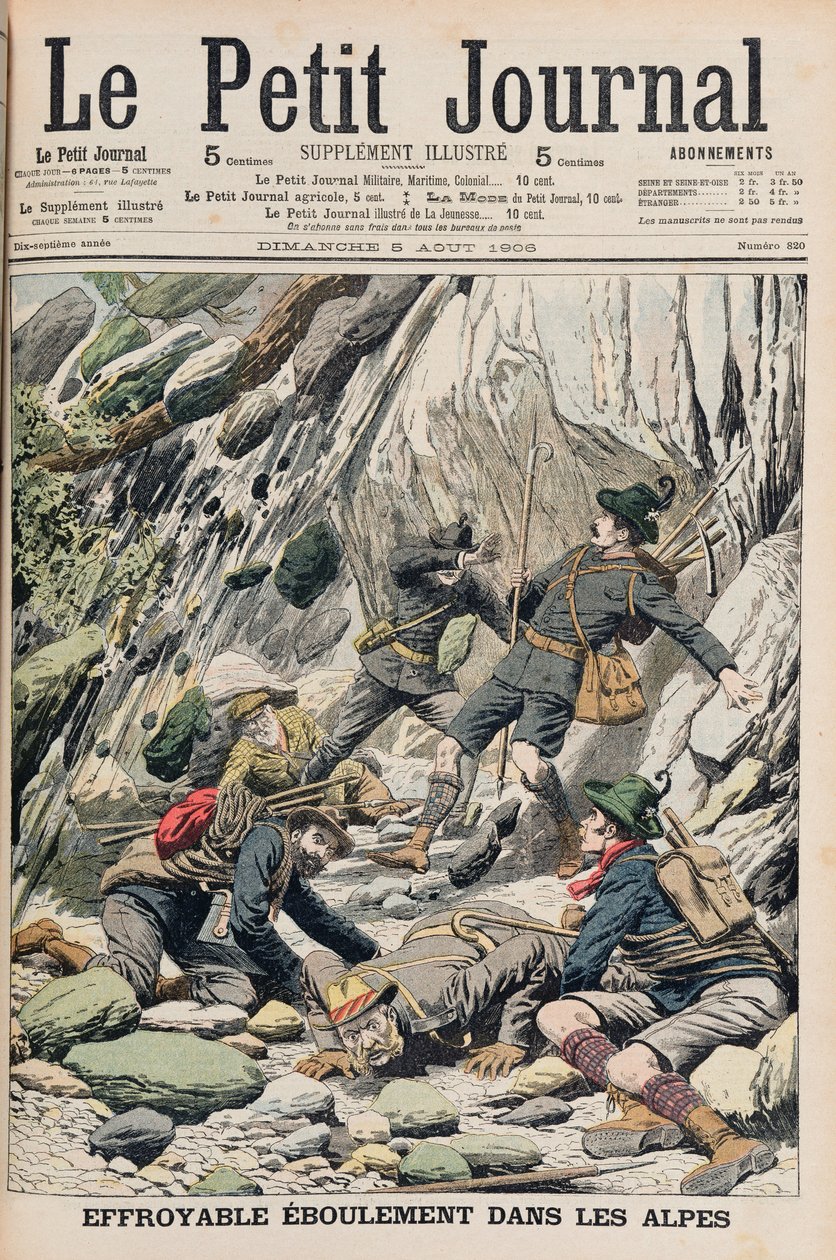 Uma queda de rocha horripilante no Tirol, ilustração de &39;Le Petit Journal&39;, 5 de agosto de 1906 de French School