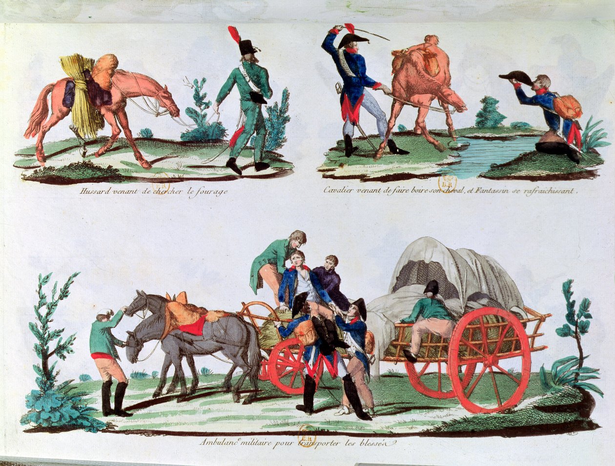 Um hussardo carregando forragem, um cavaleiro e um soldado de infantaria matando sua sede e uma ambulância militar (gravura colorida) de French School