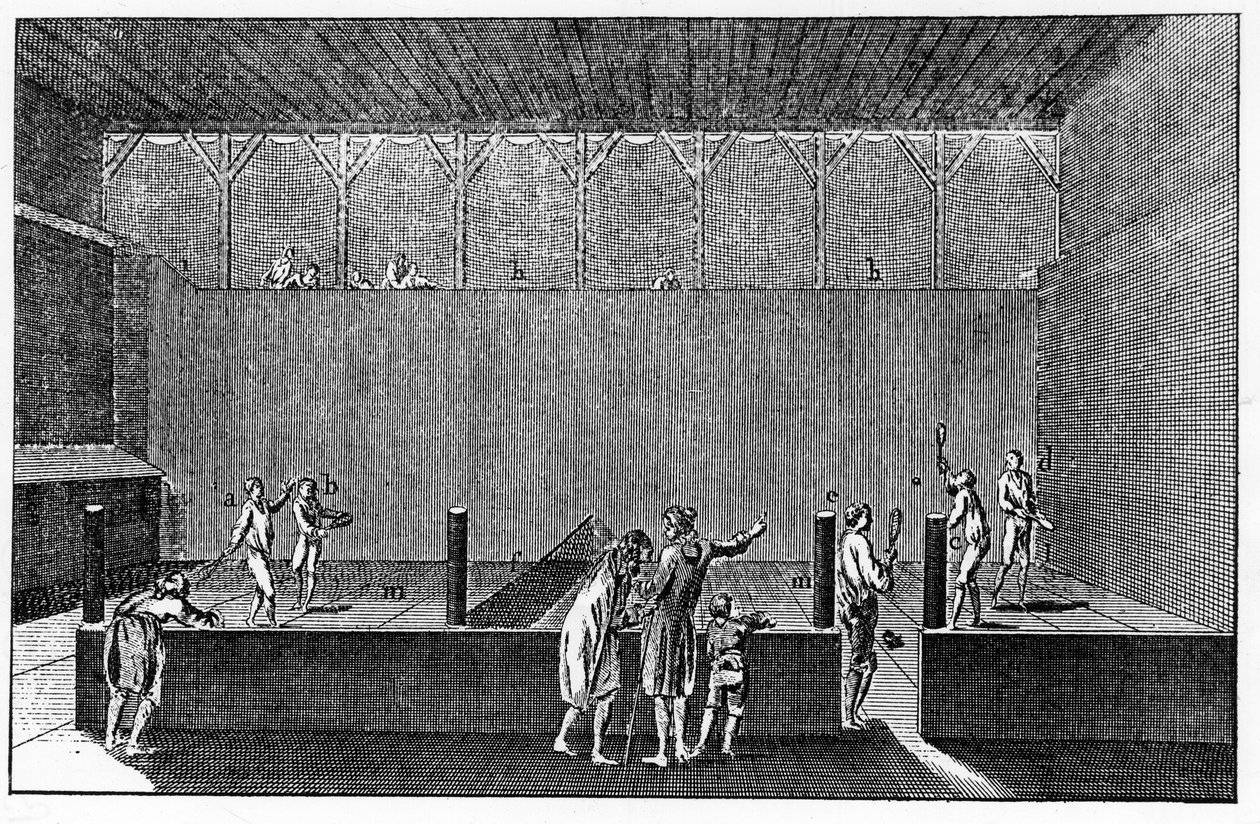 Um Jeu de Paume sob o reinado de Luís XIV, baseado numa estampa da enciclopédia de Diderot e Alembert de French School