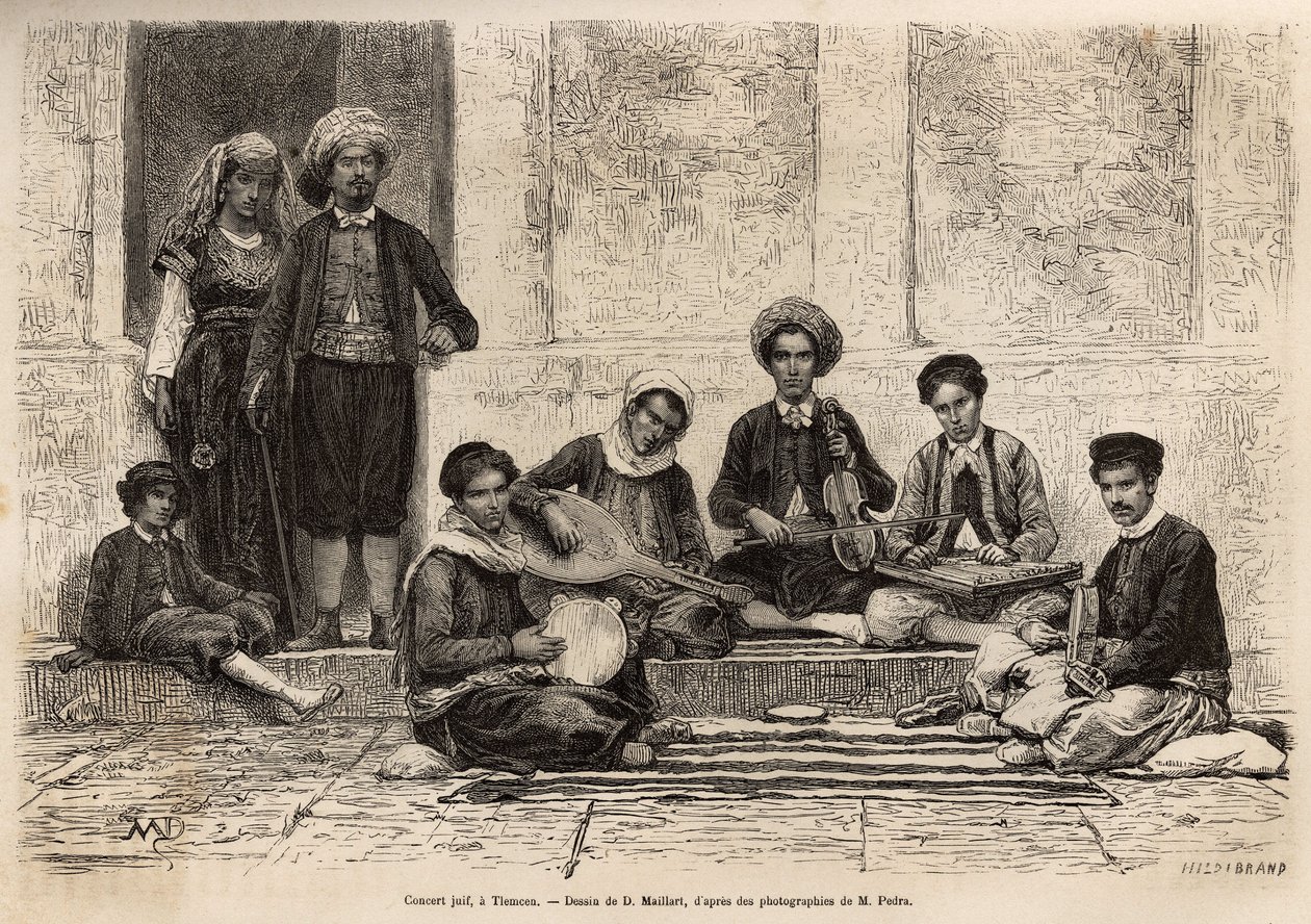 Uma orquestra judaica, em Tlemcen, invariavelmente composta por 5 instrumentos: o rbabab monta em 2 cordas; o kouistra, uma espécie de alaúde; o kamendja, ou violino; o centihr, uma espécie de caixa de trapézio plana e o derboucha, uma espécie de pandeiro  de French School