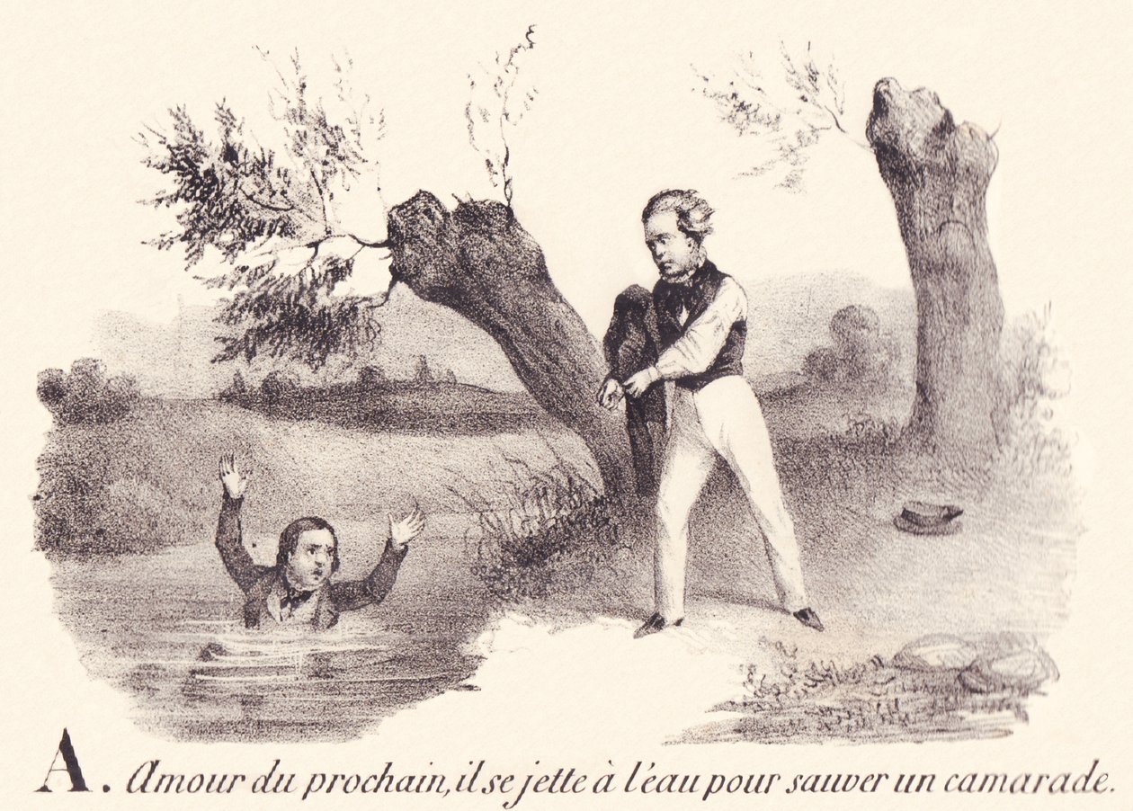 R: Amor ao próximo, ele se joga na água para salvar um camarada. de French School