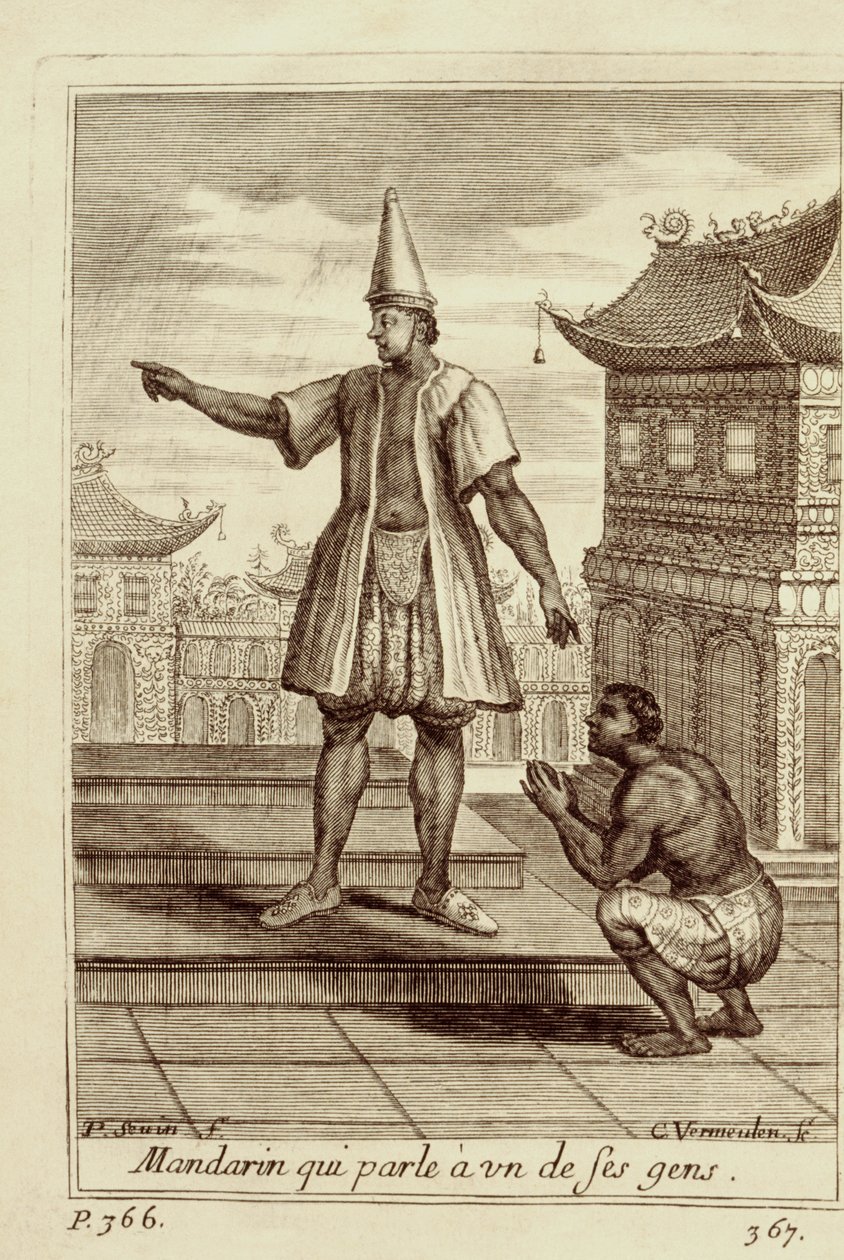 Um homem mandarim conversando com um de seu povo, de Voyage du Siam des Peres Jesuítas por Guy Tachard, 1688 de French School