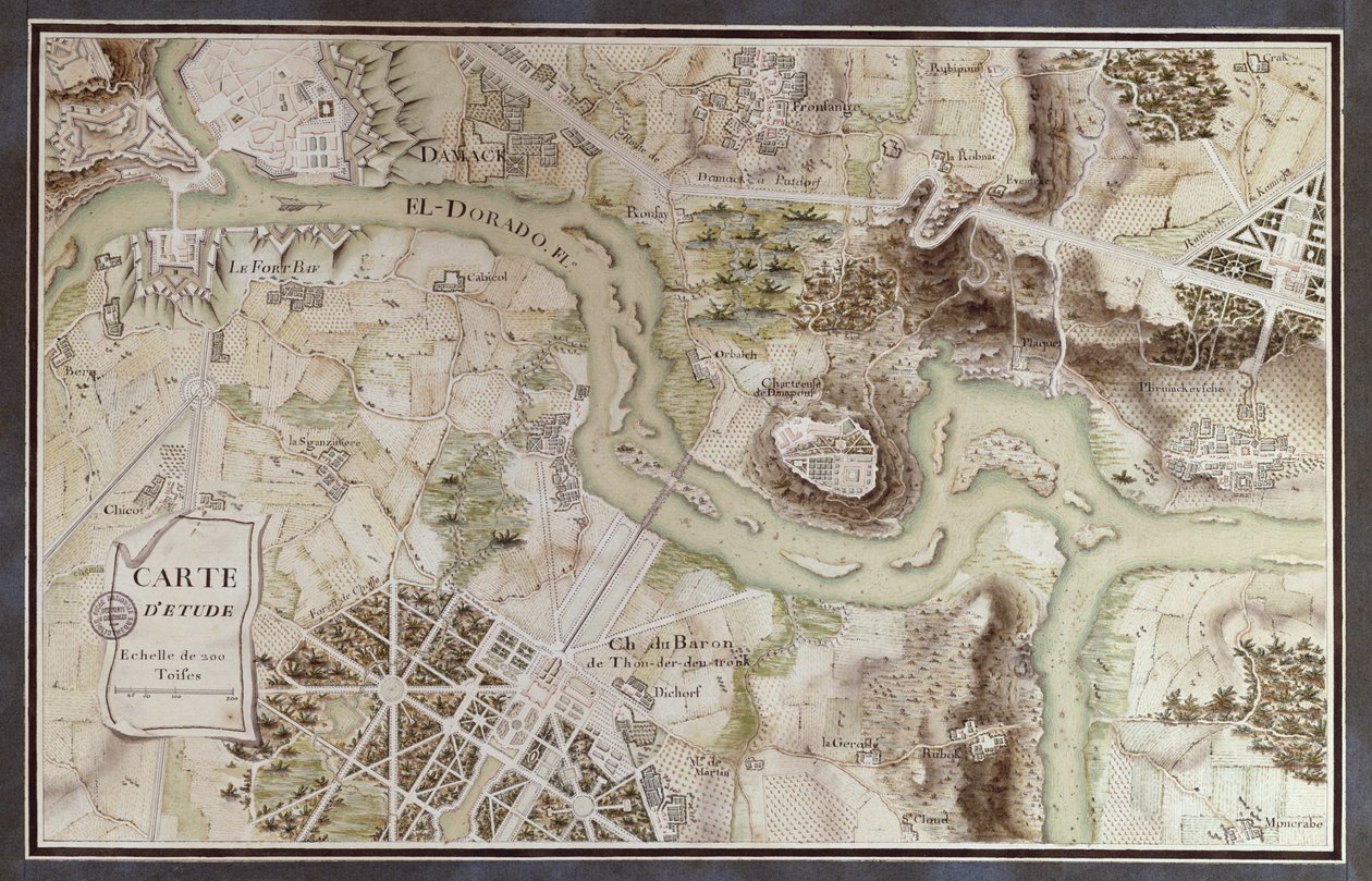Um mapa inspirado por Cândido por François Voltaire (1694-1778) para uma competição organizada pela École Nationale des Ponts et Chaseurses em Paris, no final do século XVIII (caneta e tinta e wc no papel) de French School
