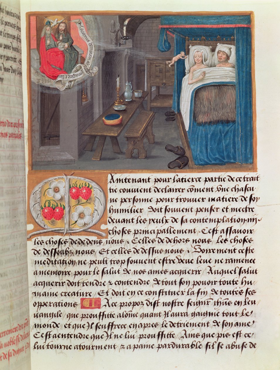 Um casal na cama recebendo uma criança da Santíssima Trindade de French School
