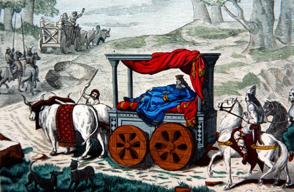 Um rei merovíngio sendo carregado em uma ninhada puxada por bois (cor litho) de French School