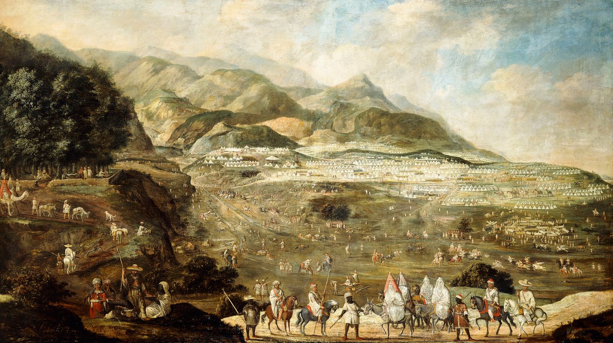 Um acampamento militar marroquino com senhoras veladas montadas em burros em primeiro plano, de French School