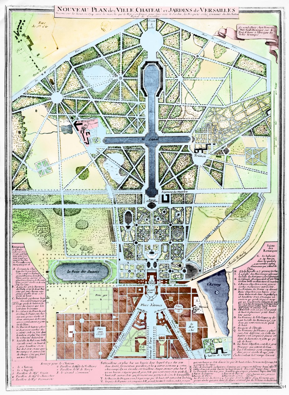 Um novo plano da cidade, castelo e jardins de Versalhes, 1714 de French School