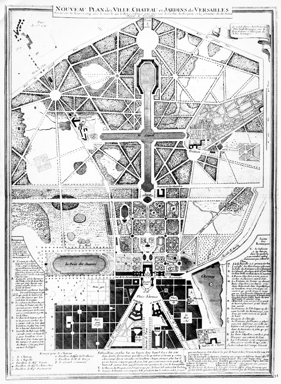 Um novo plano da cidade, castelo e jardins de Versalhes, 1714 de French School