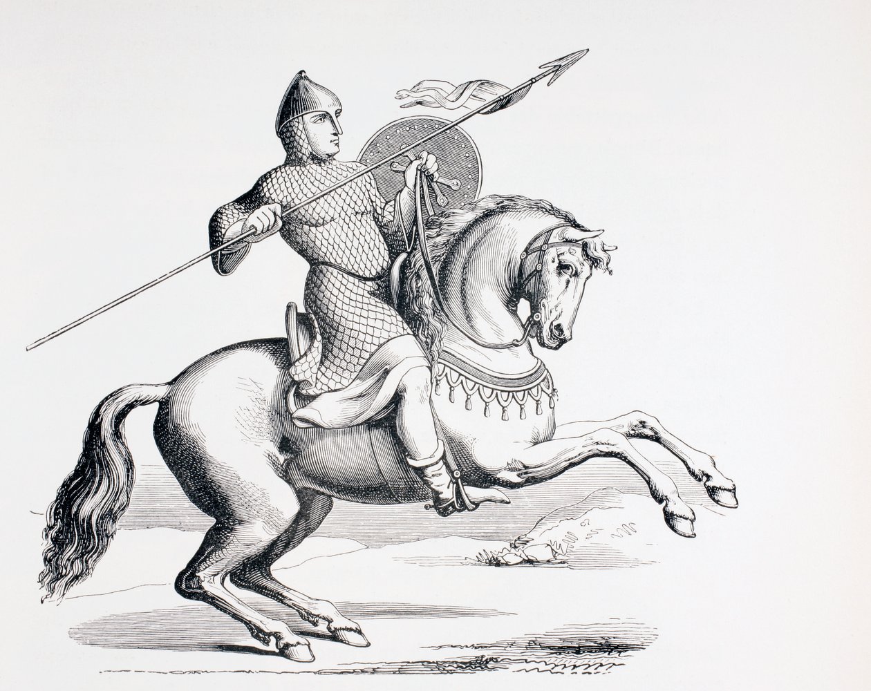 Um cavaleiro normando vestido de cota de malha e capacete com lança e escudo, 1873 de French School