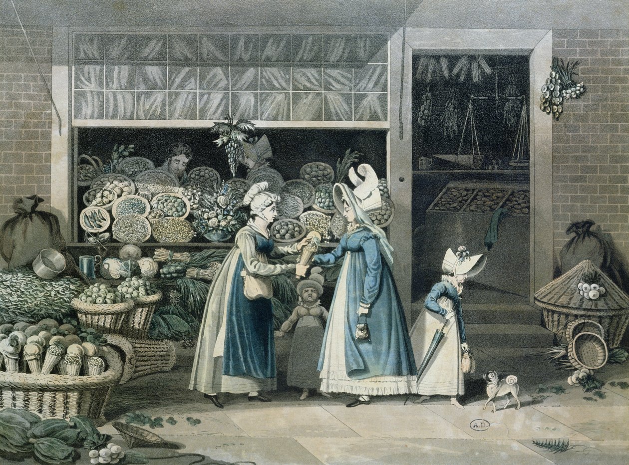 Uma loja de verdureiros parisienses, início do século XIX de French School