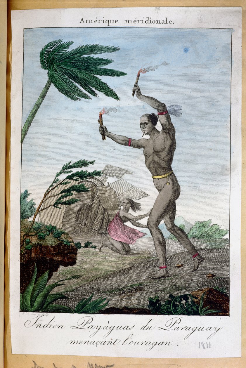 Um xamã indiano Payaguas tentando afastar um furacão, Paraguai, 1811 de French School