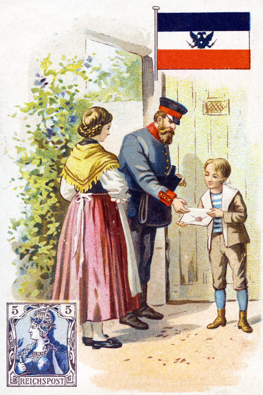 Um carteiro na Alemanha entregando uma carta, final do século XIX de French School
