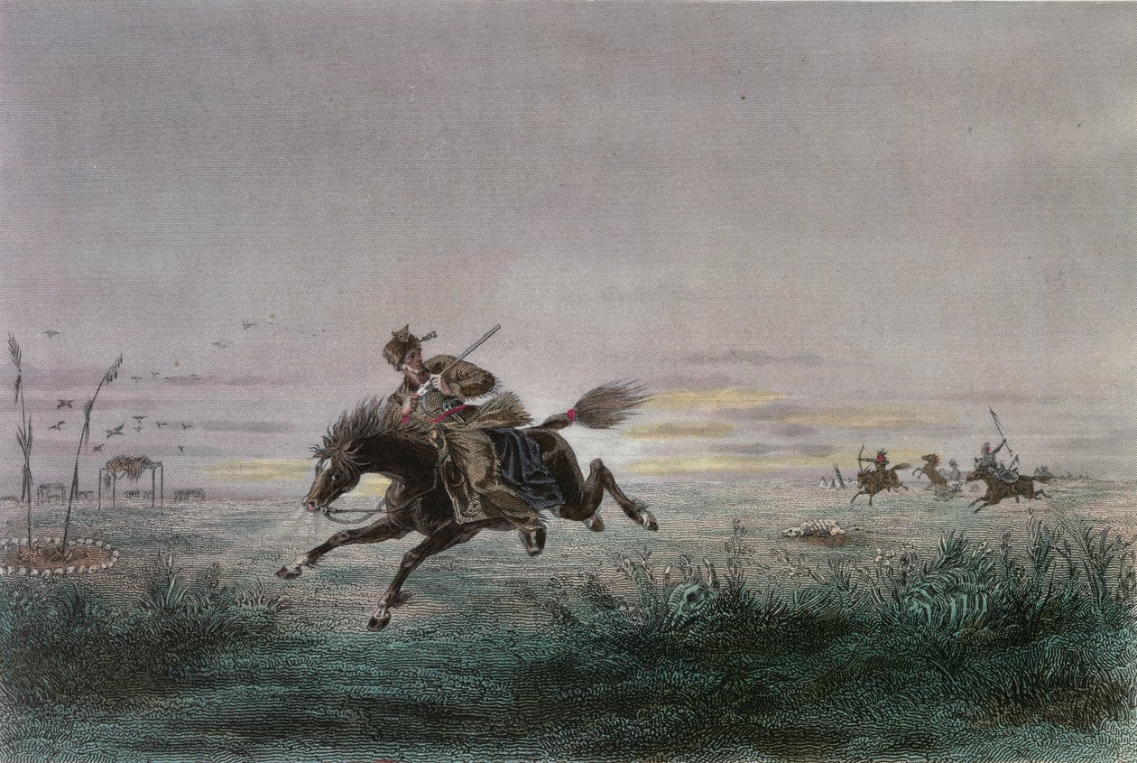 Um carteiro do American Pony Express sendo atacado por nativos americanos de French School