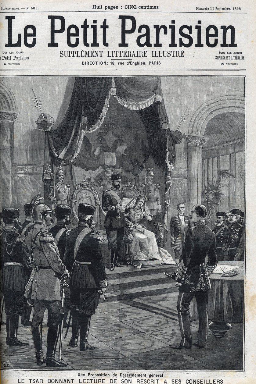 Uma Proposta de Desarmamento Geral (feita às Potências Europeias) - Czar Nicolau II (1868-1918) lendo a sua recitação aos seus conselheiros. Le Petit Parisien de French School