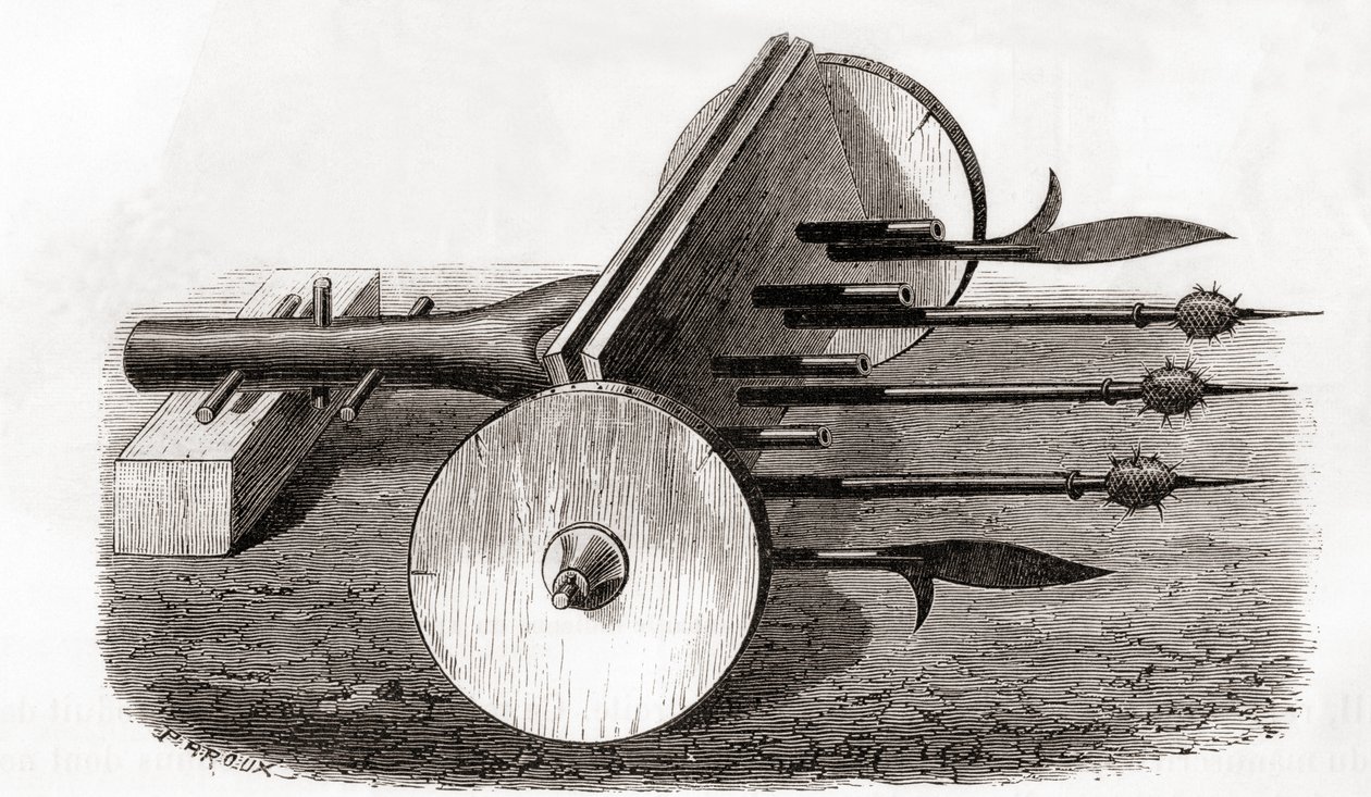 Uma Ribauldequina, máquina infernal ou arma de órgãos, armada com pequenos canhões e piques, de Les Merveilles de la Science, publicada c.1870 (gravura) de French School