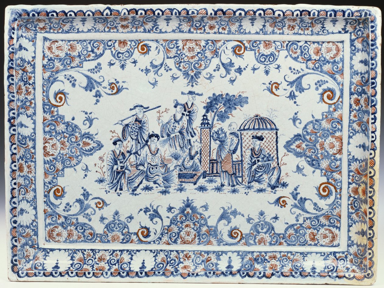 Uma bandeja retangular de Rouen, pintada em azul e vermelho-ferro de French School