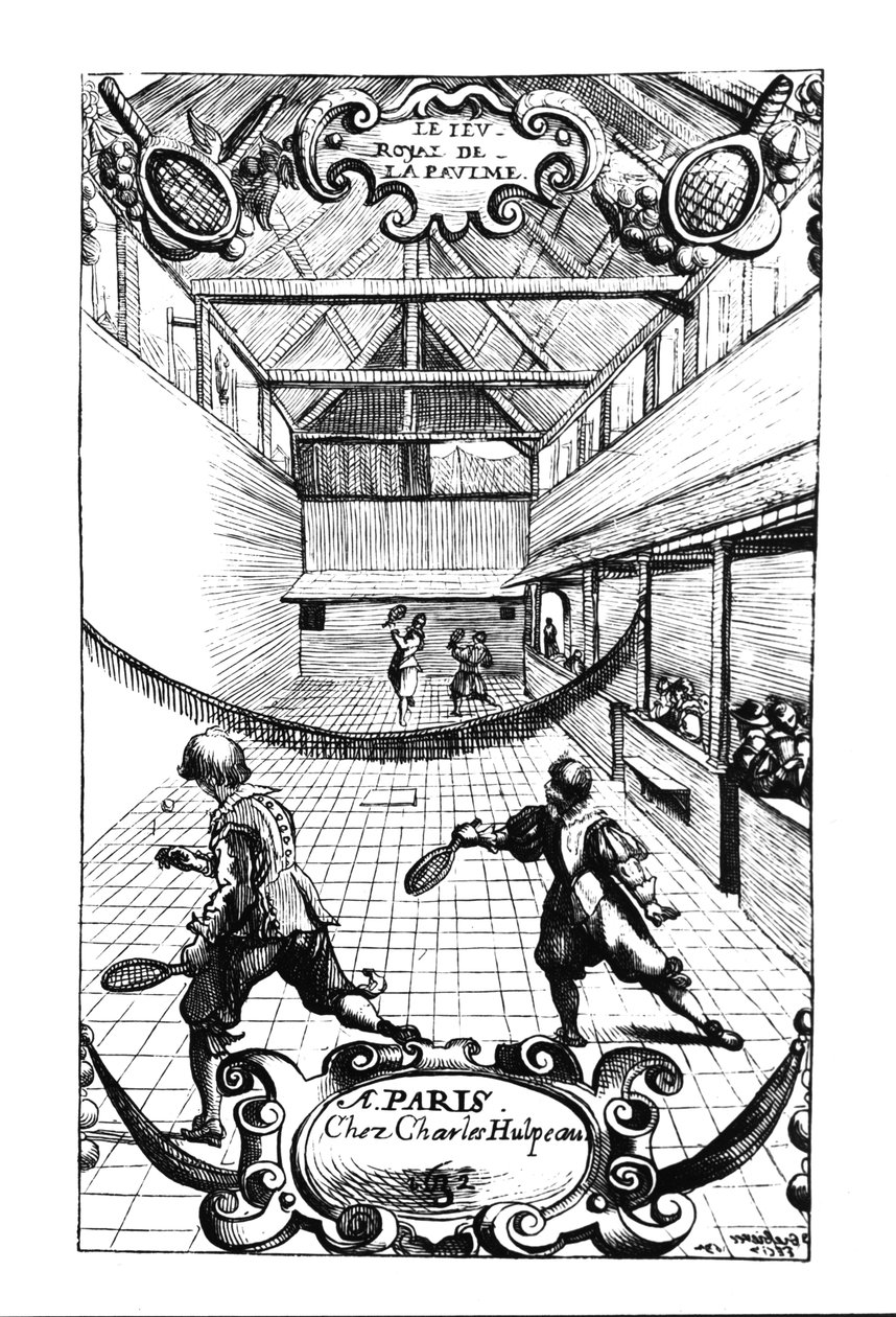 Um jogo real de tênis no Jeu de Paume, Versailles, publicado por Charles Hulpeau de French School