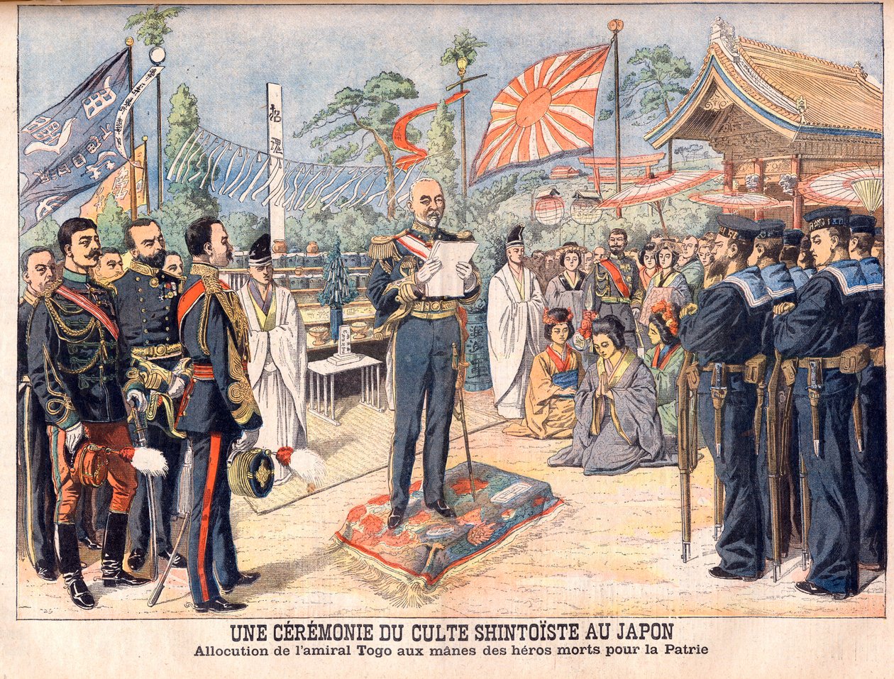Uma cerimónia xintoísta no Japão. Almirante Togo dirigindo-se aos espíritos dos heróis japoneses mortos na Guerra Russo-Japonesa Uma cerimônia de adoração xintoísta no Japão. Discurso do Almirante Togo (Togo Heihachiro de French School