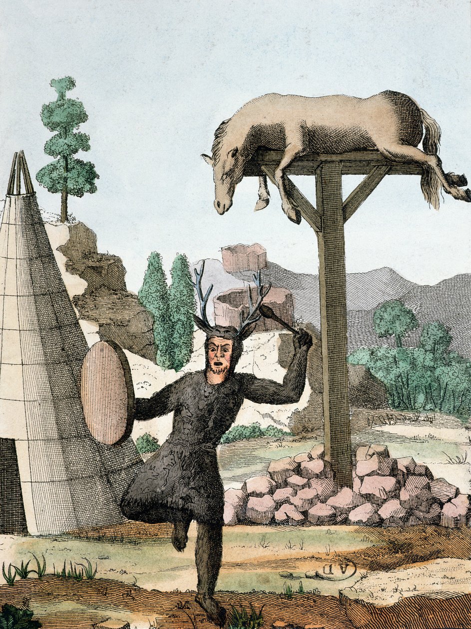 Um xamã de tártaro siberiano e cemitério, c.1811 de French School