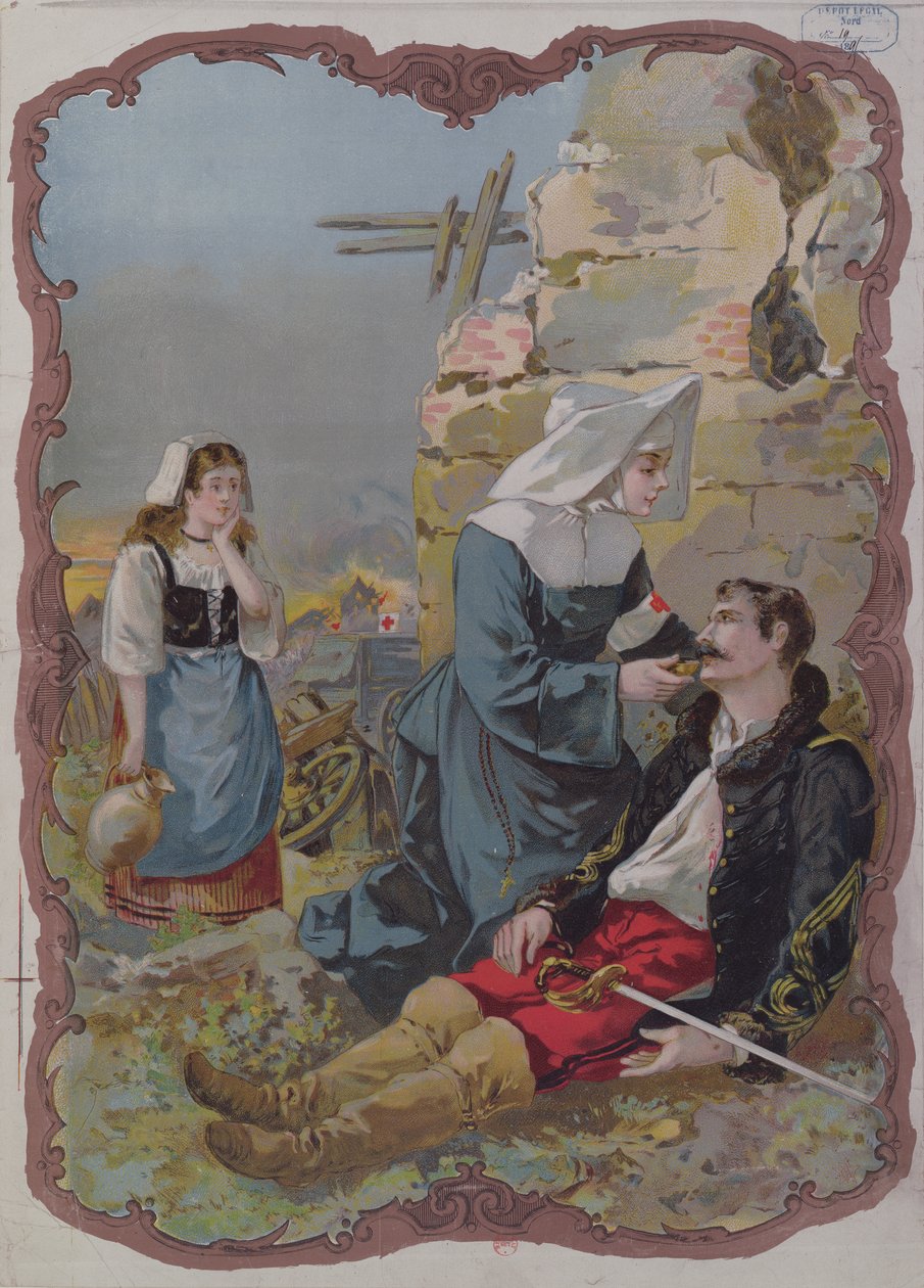 Uma irmã ajudando um soldado ferido durante a guerra de 1870, 1895 de French School