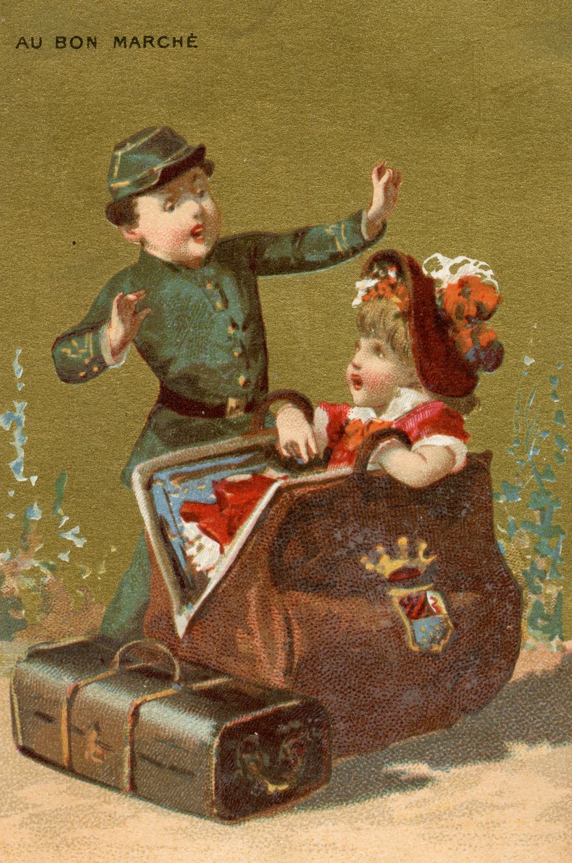 Uma surpresa na bagagem, de uma série de ilustrações de crianças, produzidas como cartões promocionais para a loja de departamentos Bon Marché em Paris, c.1890 de French School