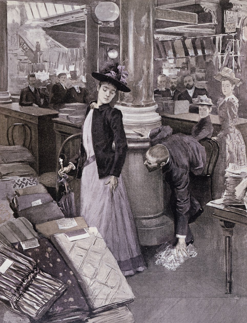 Um ladrão em uma loja de departamentos em Paris, ilustração de Paradis des Dames, c.1895 de French School