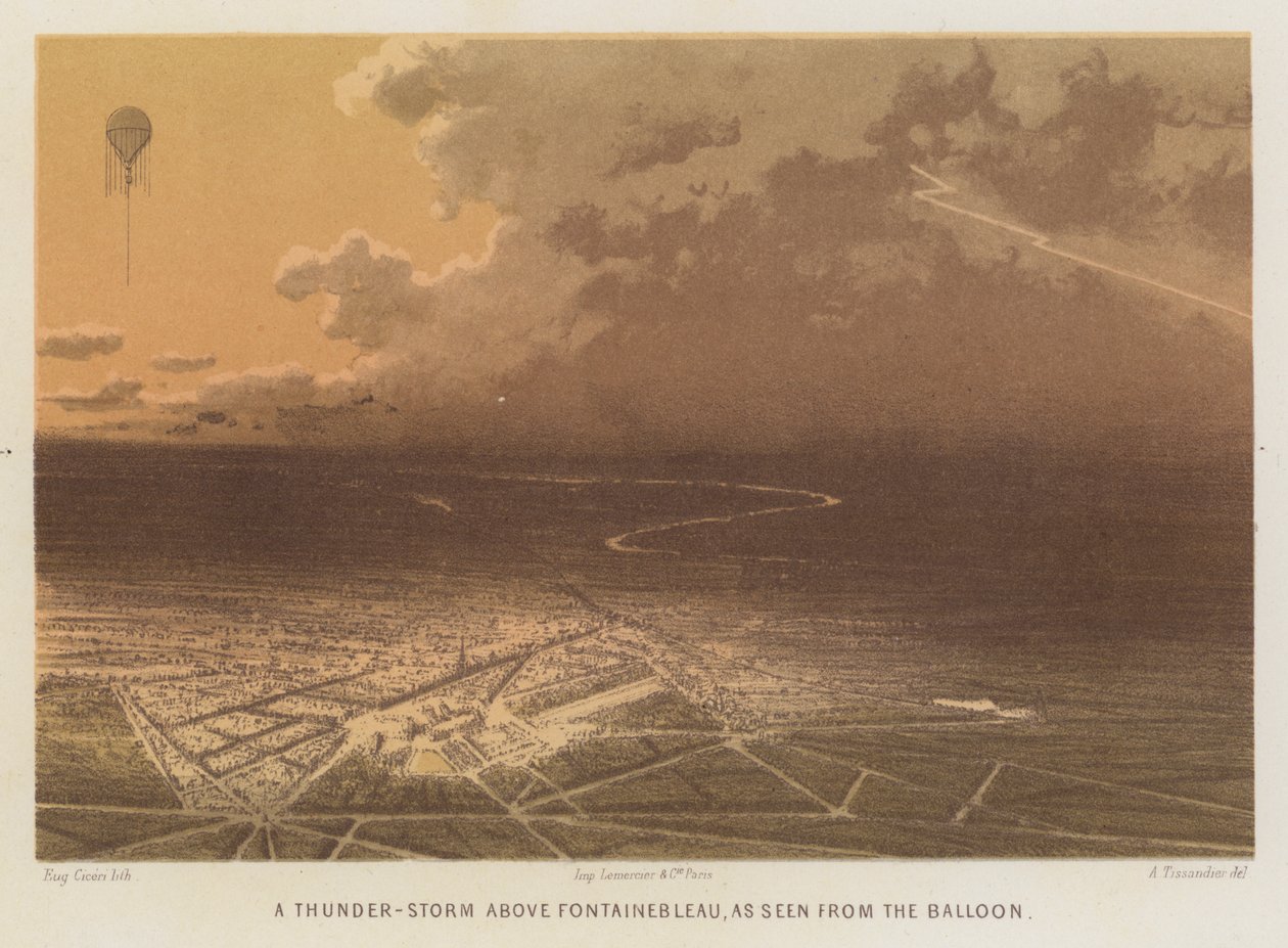 Uma trovoada sobre Fontainebleau, vista de um balão (litografia a cores) de French School
