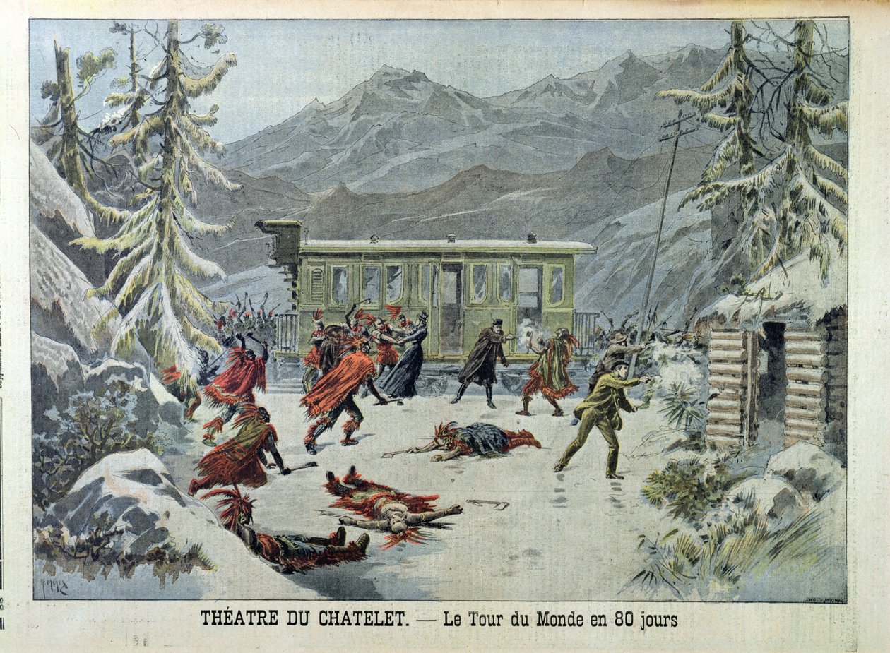 Um trem atacado por índios americanos, de todo o mundo em 80 dias por Jules Verne (1828-1905) de Le Petit Journal, 13 de maio de 1898 de French School