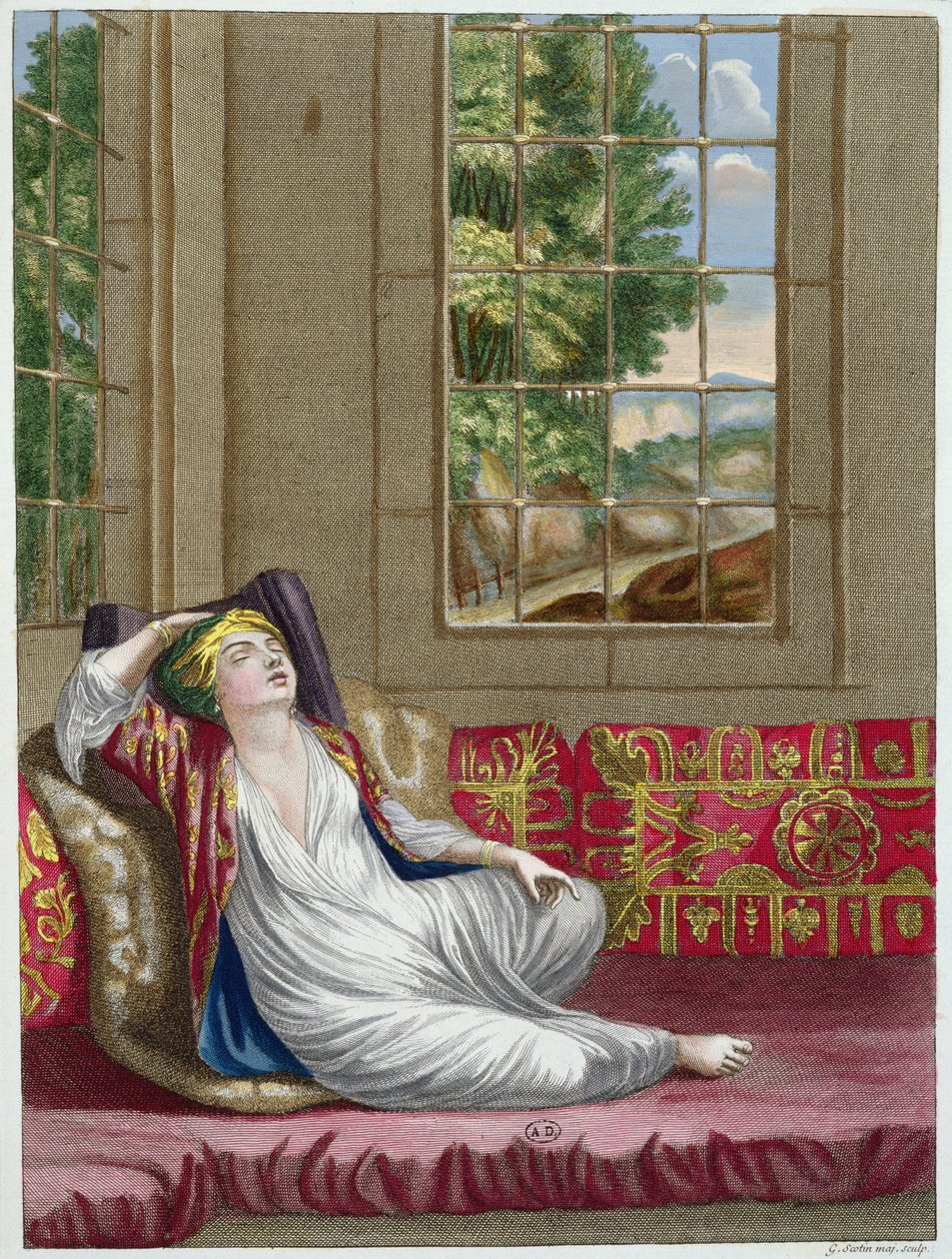 Uma mulher turca, da coleção de trajes do Levante, gravada por Gerard Jean Baptiste Scotin (1671-1716) 1707-08 de French School