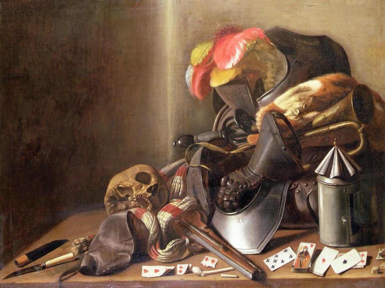 A Vanitas Still Life com uma caveira, cartas de baralho e armadura, c.1650 (óleo sobre tela) de French School