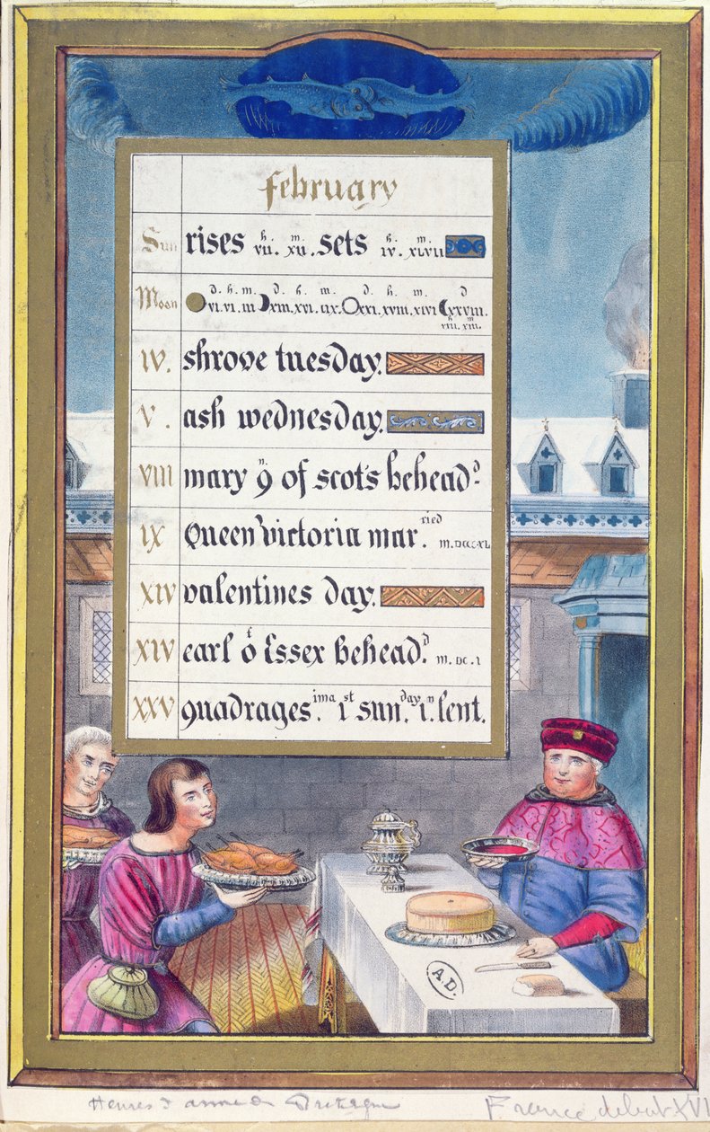 Uma folha de calendário vitoriana para fevereiro com uma ilustração do Livro de Horas de Anne de Bretagne (1488-1514) de French School