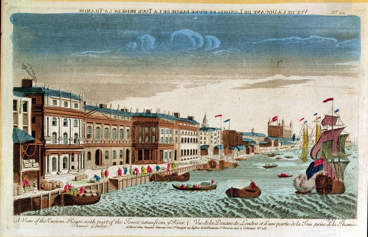 Vista da Alfândega com parte da Torre, tirada do Rio Tâmisa, Londres, meados do século XVIII (gravura a cores) de French School