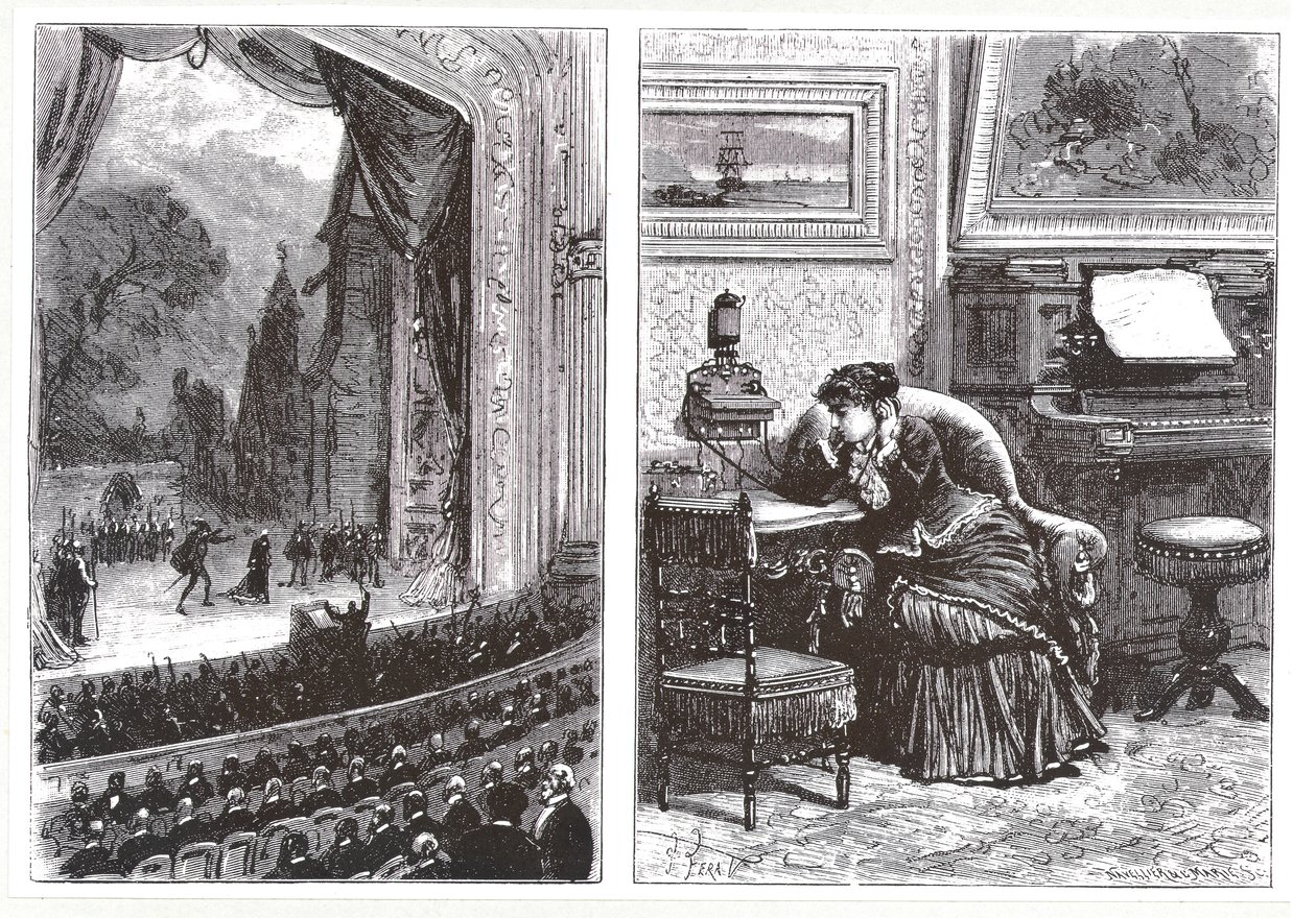Uma mulher ouvindo uma performance de ópera em sua própria casa por meio do telefone Ader-Bell e do arranjo de Aders para transmissão de música, de Les Nouvelles Conquetes de la Science, de Louis Figuier, de French School