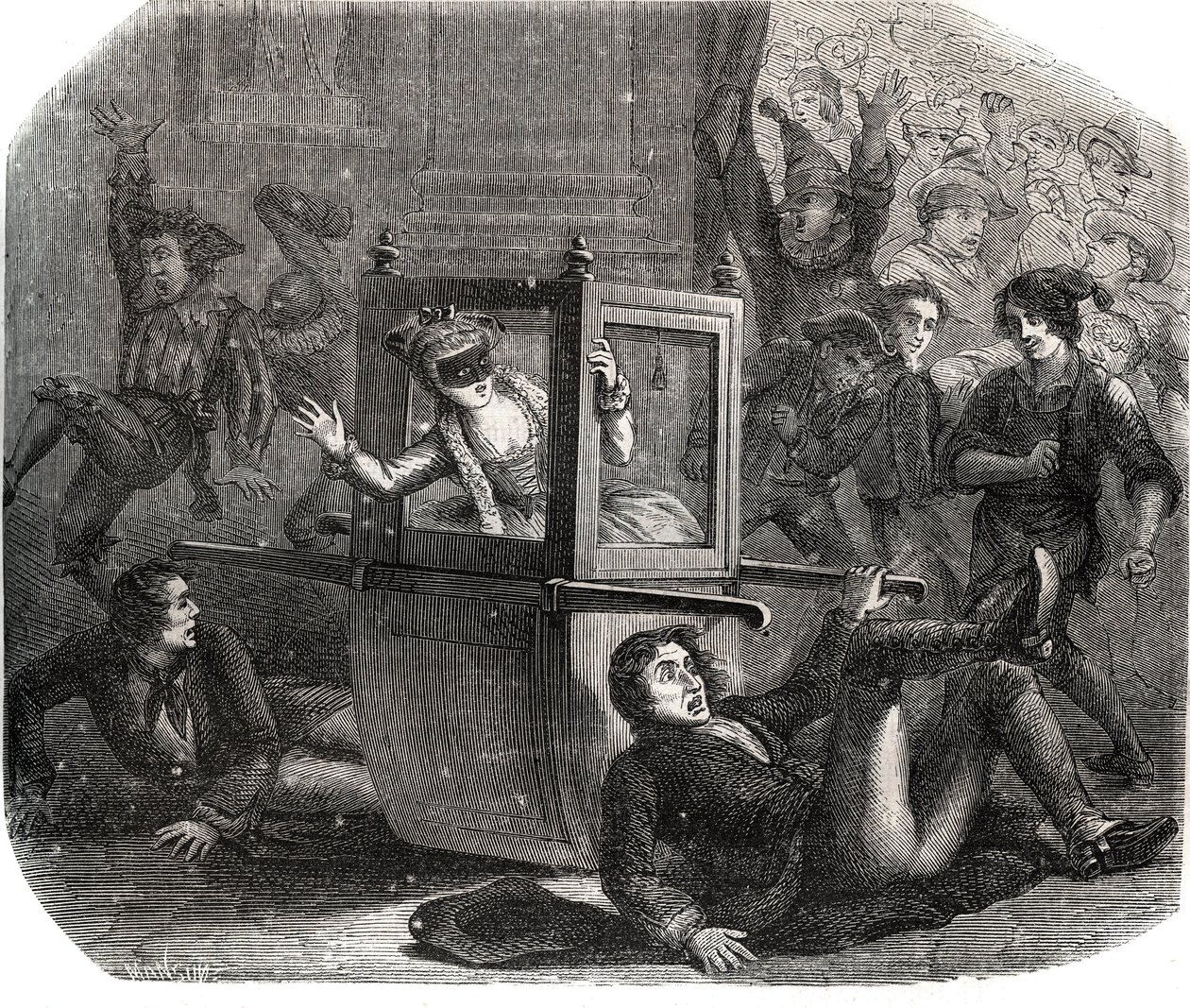 Uma banda de brincalhões impede que Marie-Therese (Marie Therese) Le Vasseur (Levasseur) (1721-1801), uma fantasia para o Carnaval, avance em sua cadeira de rodas. Ela é vítima da vingança de um desses ex-amantes. Gravura de 1871 em "Histoire Des Cocus C de French School
