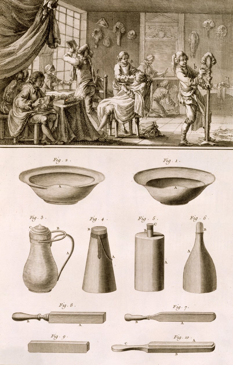 Uma barbearia e ferramentas de barbeiro, da Encyclopédie des Sciences et Metiers de Denis Diderot (1713-84) publicaram c.1770 de French School
