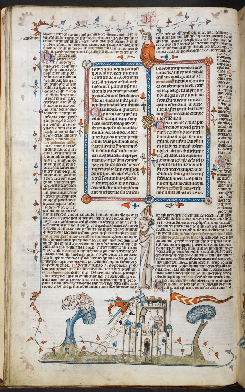 Uma cena de bas-de-página de um homem que tenta invadir um castelo, sendo morto por um dos defensores, dos Smithfield Decretals, Royal 10 E. IV, f.18v de French School