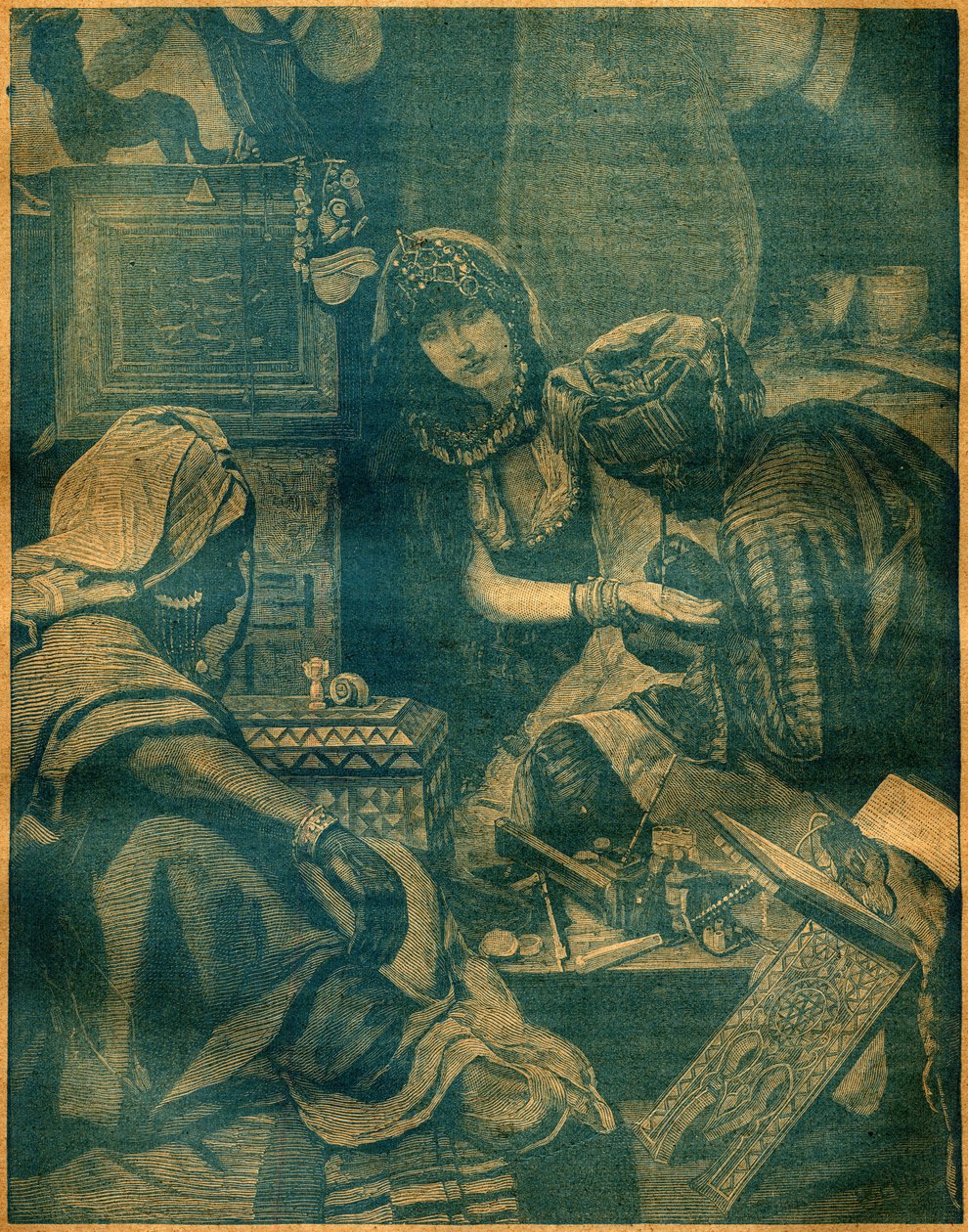 Um bazar em Lahore, Índia. Gravura em "La Terre Illustree" n°94 de 25 de agosto de 1892. de French School
