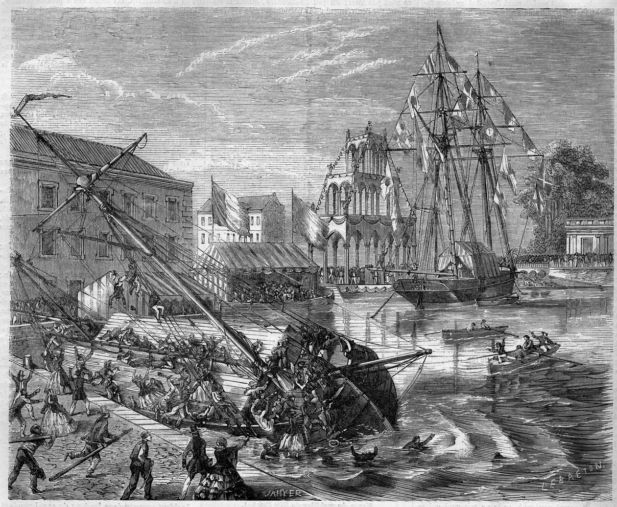 Um barco virado sob o peso dos seus ocupantes no Canal de Bruxelas, Bélgica de French School